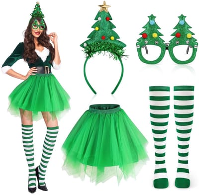 MTTproducts- Kerstboomkostuum 4-delige set - Tutu-rok - Kousen - Glitterkerstbril - Haarband - Verstelbare maat - Kerstkostuum