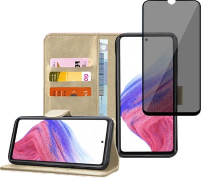 Geschikt voor Samsung A53 5G Book Case Hoesje - Privacy Screenprotector - Flip Portemonnee Goud met Privé Gehard Glas Cover