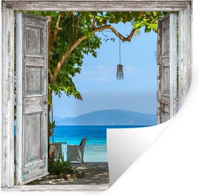 Muurstickers - Sticker Folie - Strand - Tropisch - Zee - Doorkijk - 100x100 cm - Plakfolie - Muurstickers Kinderkamer - Zelfklevend Behang XXL - Zelfklevend behangpapier - Stickerfolie