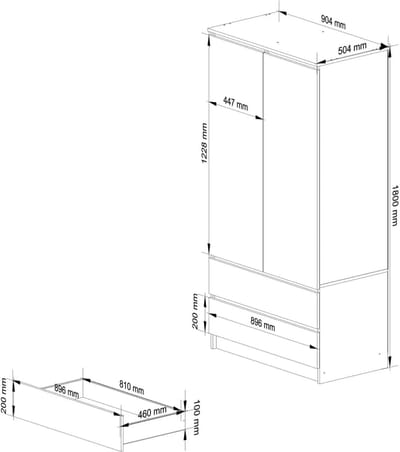 Tweedeurs Kledingkast Casa Velluto UrbanWardrobe – 90 cm Breed Slaapkamerkast met 2 Laden, Planken en Kledingstang – Gelamineerd Hout 16 mm – Ambachtelijk Eiken – Minimalistisch en Duurzaam