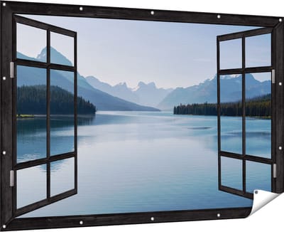 Gards Tuinposter Doorkijk Meer bij de Bergen in Alberta, Canada - 180x120 cm - Tuindoek - Tuindecoratie - Wanddecoratie buiten - Tuinschilderij