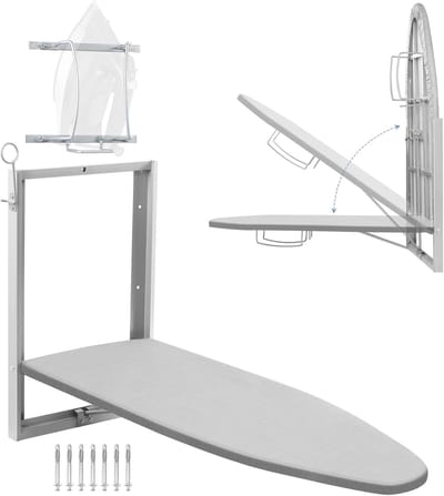 Vouwbaar Wand Strijkplank - Opvouwbare Wand Strijkplank voor Kleine Ruimtes - Ruimtebesparende Strijkplank met Houder in Grijs
