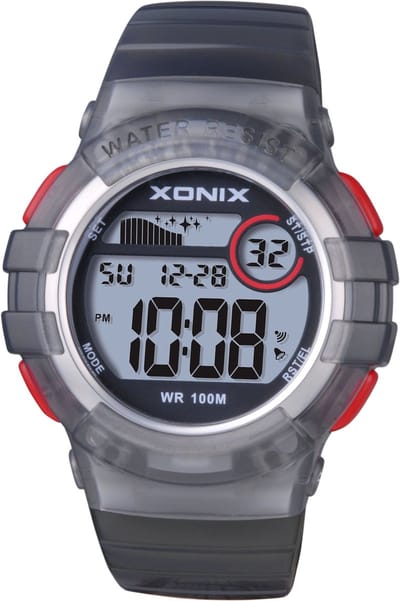 Xonix KA-B06 - Horloge - Digitaal - Heren - Mannen - Rond - Siliconen band - ABS - Cijfers - Schermverlichting - Alarm - Start-Stop - Tweede tijdzone - 12h/24H - Waterdicht - Zwart/Grijs/Transparant - Zilverkleurig - Rood