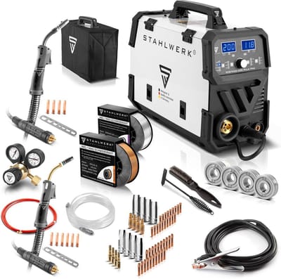 STAHLWERK MIG MAG 200 Puls Pro IGBT inert gas lasapparaat compleet uitgerust Volledig synergisch 5 in 1 combinatie apparaat met echt 200 ampère inclusief AK25/MB25 aluminium lastoorts, draadaanvoerrollen en slijtdelen set voor aluminium lassen