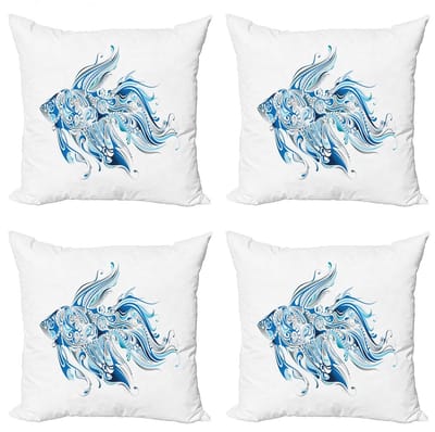ABAKUHAUS Kussenhoes Set Fisch – 4x50x50 cm – Dubbelzijdig Druk – Blauw Azure