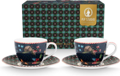 Pip Studio Berry Blues Espresso Kop en Schotel 120ml Set van twee Donkerblauw Bloemen Cadeaudoos