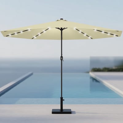 3,5m LED Solar Tuinparasol met Handslinger – Grote Ronde Balkon- en Terrasparasol Ø350 cm Waterafstotend UPF 40+ met 32 LED’s op Zonne-energie, Aluminium Frame Windbestendig – Mobili Bella