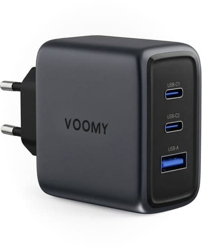 Voomy USB C Lader 65W - Oplader - Snellader - USB C Adapter - Universeel - 2 USB C & 1 USB A Poort - Geschikt voor Laptop, telefoon, tablets en meer - Space Grey