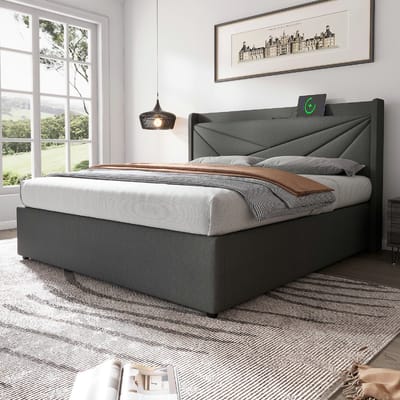 VVBV Gestoffeerd Opbergbed 140x200 cm met Voor Kinderen/Tieners, Hoofdbord - Lattenbodem, USB - Linnen - Zonder Matras