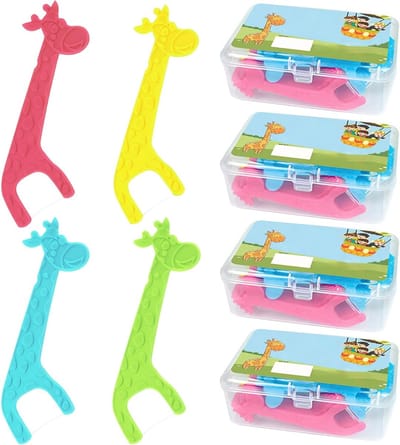 160 Stuks Kinderen Flossticks voor Smalle Interdentale Ruimtes, Handvat met Giraffe Design, Ongewas, Antislip, 4 Kleuren, Ideaal voor Tandenreiniging