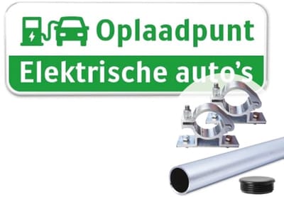 Bord Oplaadpunt - groen - Weerbestendig Aluminium - 40x15 cm - Bevestiging: Met paal 120 cm + paalbeugels + paaldop