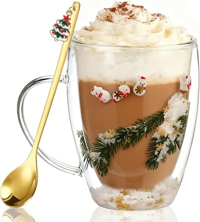 Leuke kerstmok van 350 ml voor koffie en thee, dubbelwandig glas met lepel, magnetron- en vaatwasserbestendig, perfect kerstcadeau voor familie en vrienden