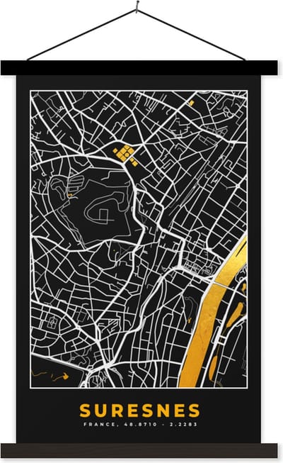 Posterhanger incl. Poster 40x60 cm - Schoolplaat - Frankrijk - Suresnes - Stadskaart - Kaart - Plattegrond - Textielposter - Zwarte latten - Stadskaart