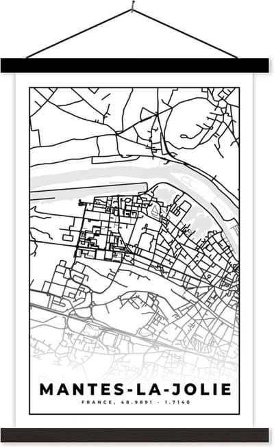 Posterhanger incl. Poster 40x60 cm - Schoolplaat - Frankrijk - Plattegrond - Stadskaart - Kaart - Mantes-la-Jolie - Zwart wit - Textielposter - Zwarte latten - Stadskaart