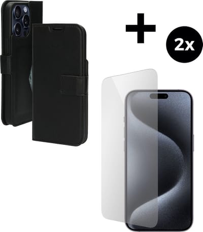Mobiparts Classic Wallet hoesje geschikt voor Apple iPhone 15 Pro Max met 2 Screenprotectors van Gehard Glas - Zwart