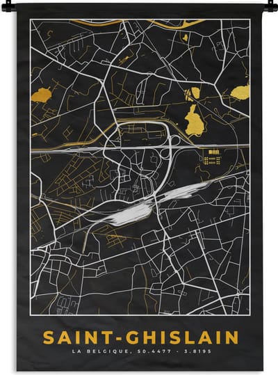 Wandkleed - Wanddoek - Kaart - Goud - Stadskaart - België - Plattegrond - 120x180 cm - Wandtapijt