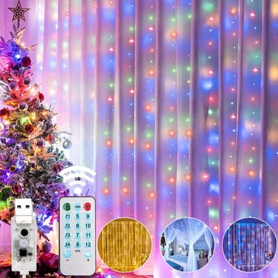 Rosnek LED Lichtgordijn Multikleur (Rood, Blauw, Groen) 3x3m 300 LED's met Afstandsbediening, Geluidsgeactiveerd (4 Muziekmodi + 8 Modi) en USB-aansluiting - Timer en Dimbaar - Kerstverlichting met Haken voor Binnen & Buiten