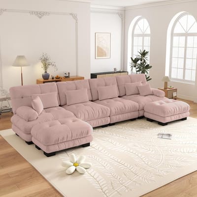 4-Zits Bank, U-Bank, Modulaire Hoekbank, U-vormige Bankstel voor de Woonkamer, Comfortabele 4-zitsbank met Verplaatsbare Poef, Doe-het-zelf Combinatie, Chenille-Roze
