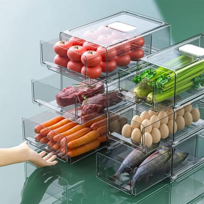 Koelkast-organizer Stapelbare Opbergkubussen met Laden - Voedselopslagcontainer voor Keukens en Bijkeuken - BPA-vrij - Extra groot en medium rolling can dispenser