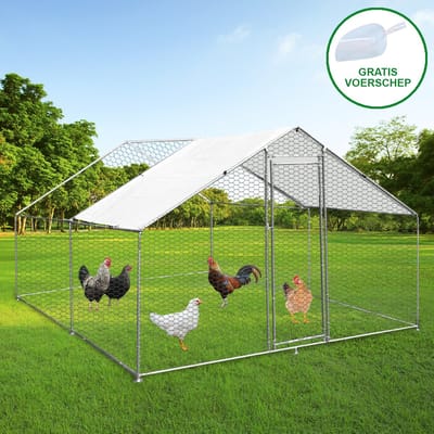 Kippenren vrijstaand - zilver - 3m x 4m x 2m - met waterdichte dakhoes