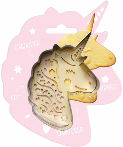 Famanu – Koekjesuitsteekvorm met reliëf eenhoorn inclusief houten stempel en roestvrijstalen snijder voor zandkoekjes, fondant en creatieve bakdecoratie