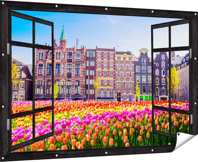 Gards Tuinposter Doorkijk Amsterdamse Huisjes met Tulpen - Kleur - 180x120 cm - Tuindoek - Tuindecoratie - Wanddecoratie buiten - Tuinschilderij