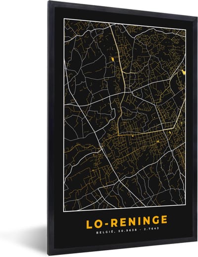Fotolijst incl. Poster - Kaart - Lo-Reninge - Zwart - Stadskaart - Plattegrond - 40x60 cm - Posterlijst