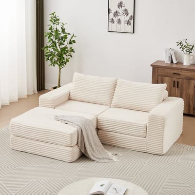 Wishdor - Slaapbank - 2-In-1 Functie En Vrij Indeelbare Modules - Klassieke Vierkante Armleuningen - Voor Woonkamer - Ribstof - Beige