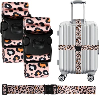 Verstelbare Kofferspanners 200 cm met Luipaardpatroon voor Snelle Identificatie van Bagage, Robuuste en Antislip Luggage Strap voor Koffers van 50 cm tot 81 cm