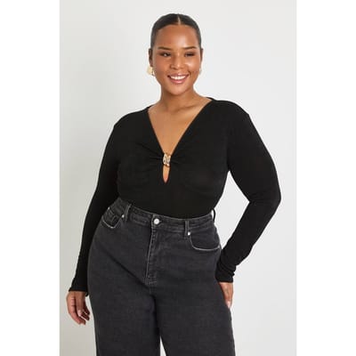 boohoo Dames Plus bodysuit met gouden afwerking en sleutelgat | Zwart | Maat: 46