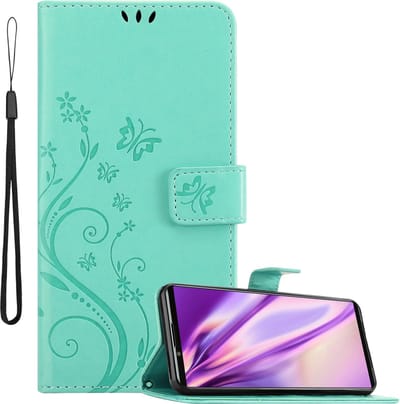 Cadorabo Hoesje geschikt voor Sony Xperia 5 III in BLOEMEN TURKOOIS - Beschermhoes in bloemmotief met magnetische sluiting, standfunctie en kaartsleuven Book Case Cover Etui