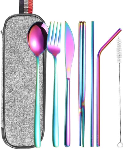 House of Husk Reisbestek - Reis Bestekset - Chopsticks - Metalen Rietjes met borstel - Lepel - Vaatwasserbestendig - RVS - 7 Delig - Rainbow
