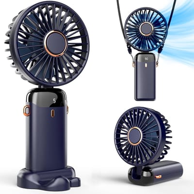 Draagbare handventilator - ventilator op batterijen met voet - LED-display - 5 snelheden - 90° verstelbare opvouwbare bureauventilator - USB oplaadbare miniventilator voor binnen en buiten - donkerblauw
