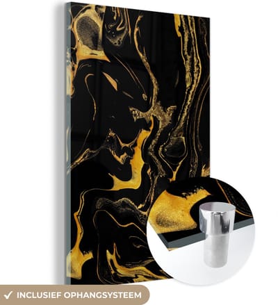 MuchoWow® Glasschilderij 40x60 cm - Schilderij acrylglas - Patronen - Verf - Goud - Zwart - Foto op glas - Schilderijen