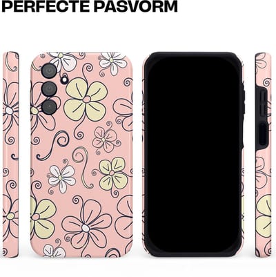 Casetastic hoesje geschikt voor Samsung Galaxy A15 5G / Samsung Galaxy A15 4G - Dubbellaagse bescherming - Pastel Perzik Doodle Peach Bloemen - Fashion Case - Zand Zilver Lichtroze