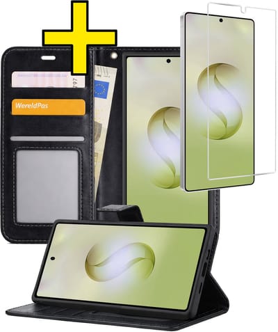 Hoesje - Met Screenprotector - Geschikt voor Samsung Galaxy S26 Ultra - Luxe Pasjeshouder - Bookcase Portemonee - Flip Case - Kunstleer Book Case - Flipcase - Book Cover - Walletcase - Portemonneehoes - Telefoonhoesjes - Zwart