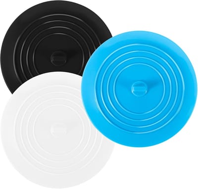 Set van 3 Siliconen Afvoerstoppen – Universeel, Flexibel & Duurzaam – Voor Keuken, Badkamer & Wastafel – Zwart, Wit & Blauw
