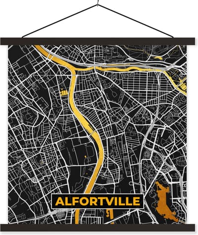 Posterhanger incl. Poster 60x60 cm - Schoolplaat - Alfortville – Plattegrond – Frankrijk – Kaart – Stadskaart - Textielposter - Zwarte latten - Stadskaart