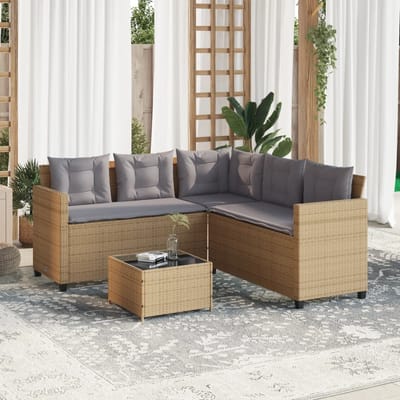 vidaXL - Tuinbank - met - tafel - en - kussens - L-vormig - poly - rattan - beige