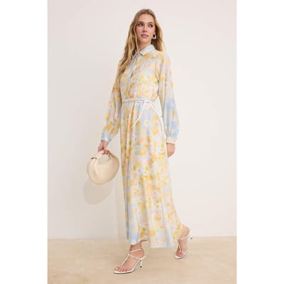 Marineblauwe maxi-jurk met bloemenprint voor dames, lange casual/dagelijkse A-lijn jurk met hijab