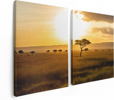 Artaza Canvas Schilderij Tweeluik Zonsondergang In De Savanne - 120x80 - Foto Op Canvas - Canvas Print