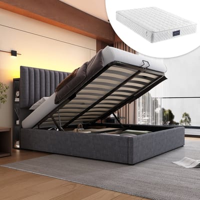 DESMIU Gestoffeerd Tweepersoonsbed 160x200cm – Bed met Verlichting en Oplaadfunctie – Hoofdbord Met Opbergruimte – Voor Slaapkamer – Linnenlook – Grijs – Met Matras