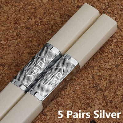 Lot de 5 paires de baguettes coréennes et japonaises en alliage doré blanc Fu pour sushis, couverts de restaurant