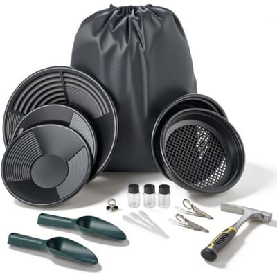 VEVOR Goudzoekset, 10 & 14 inch, PP Goudzoekbak, 19-delige draagbare set met zeefjes, zandmagneet, steenhouwer, schepjes, rugzak en accessoires, Goudzoekset, zwart