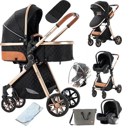 Bealive® Luxe kinderwagen - Opvouwbaar en compact - Met opslag ruimte - Afneembare reiswieg en kinder stoel zitje - Verstelbaar zonnen scherm - Inclusief regen hoes, muggen net, koel matje en luier tas