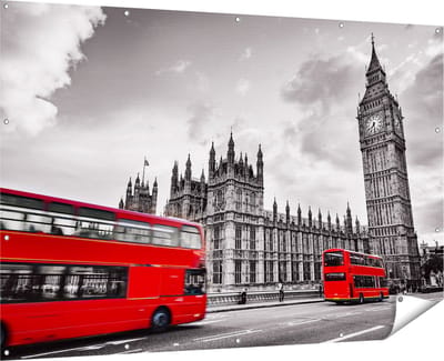 Gards Tuinposter Rode Bussen in Londen - Retro - 180x120 cm - Tuindoek - Tuindecoratie - Wanddecoratie buiten - Tuinschilderij