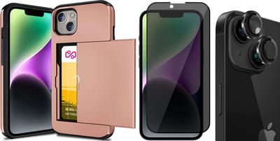 Hoesje met Pasjeshouder geschikt voor iPhone 15 - Privacy Screenprotector FullGuard & Camera Lens Screen Protector Zwart - Back Cover SlideCase Roségoud