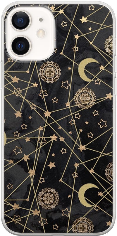 Leuke Telefoonhoesjes - Hoesje geschikt voor iPhone 12 - Sterren, zon, maan - Soft case - TPU - Sterren - Zwart