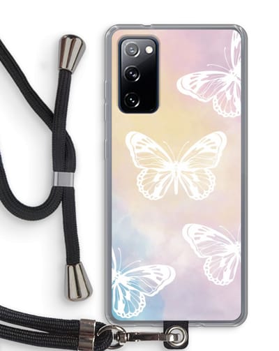 Case Company® - Hoesje met koord geschikt voor Samsung Galaxy S20 FE / S20 FE 5G hoesje met Koord - White butterfly - Telefoonhoesje met Zwart Koord - Bescherming aan alle Kanten en Over de Schermrand