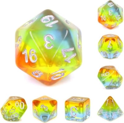 Polyset Dice | Dobbelstenen - Set Van 7 Stuks - Oranje Geel Groen Blauw Transparant Zilver | Voor D&D en Andere Rollenspellen | Plastic Dobbelstenen Set voor Dungeons and Dragons | Polyhedral Dice Set | Mooie Zwarte Velvet Dice Bag voor 3 Sets